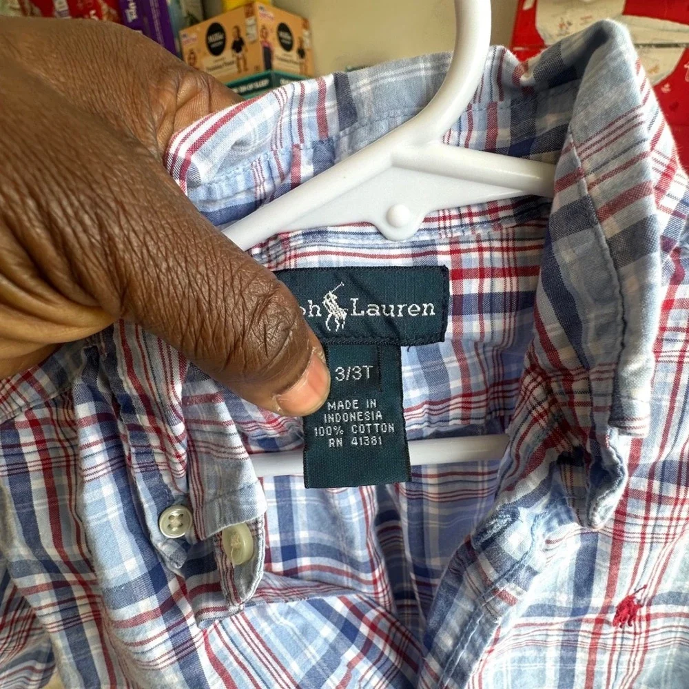 Ralph Lauren Toddler Boys Size 3T Blue Red Plaid Short Sleeve Button Down Shirt